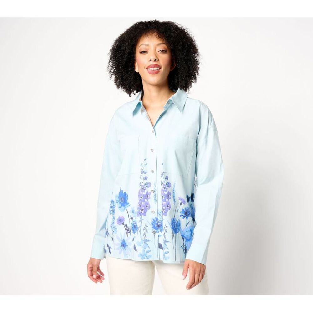 Women Control Women's Top Sz S Button Front Shirt Border Print Blue